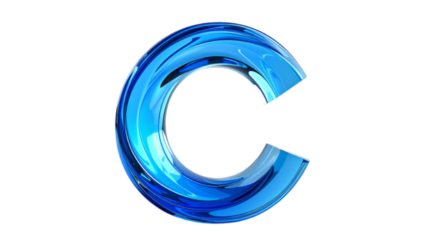 3D rendered, transparent blue letter "C" against a solid black background