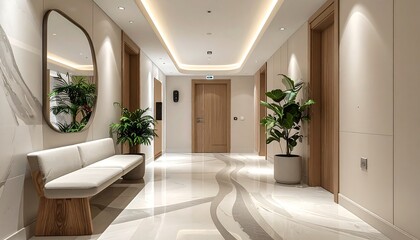 Modern hotel hallway with light beige tones, elegant details