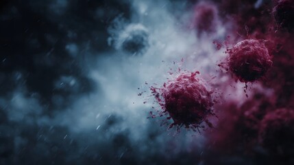 Abstract microscopic view of cellular conflict with vibrant red cells battling against a blue toned atmospheric backdrop of immune defense