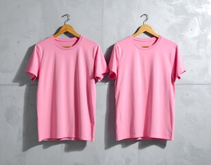 Two bright pink t-shirts hang on wooden hangers against a grey textured concrete wall, lit with directional light
