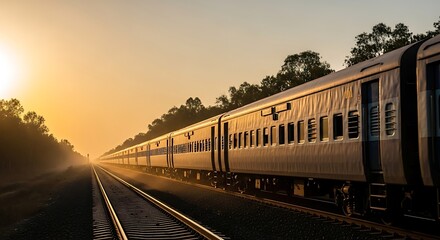Fototapeta premium Passenger train traveling on tracks at sunset with warm golden light