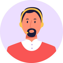 Man With A Beard Wearing A Headset And A Coral Shirt Standing In A Light Purple Circle Background With A Transparent Background Is A Vector Illustration