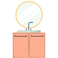 Minimalist coral bathroom vanity with a light gray countertop white sink and a gold framed circular mirror reflecting soft ambient light against a clean white background