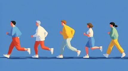 Five people of diverse ages run together outdoors against a blue background.