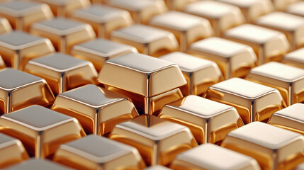 Fototapeta premium close up view of hundreds of gold bars arranged in neat pattern, showcasing their shiny surfaces and intricate details. image evokes sense of wealth and luxury