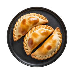 Delicious golden brown empanadas baked to perfection on a dark plate ready to eat isolated on transparent background