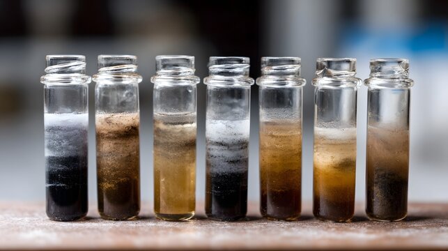 Row of laboratory test tubes showcasing distinct layered substances possibly scientific samples or soil analysis