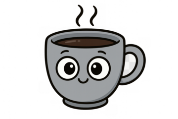 Smiling cartoon coffee cup character holding hot coffee, showing happiness and warmth. Transparent background