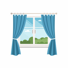 Modern home window vector with soft curtains and landscape view creating peaceful and relaxing room atmosphere illustration