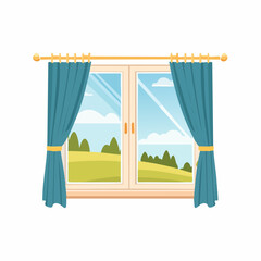Vector illustration of a window with curtains showing beautiful outdoor landscape and natural light entering cozy home interior
