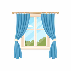 Flat vector of open window with drapes and scenic outdoor view perfect for home decoration and lifestyle design concept