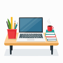 Vector illustration of modern desk workspace with laptop, books, coffee cup, and stationery storage containing pens and pencils