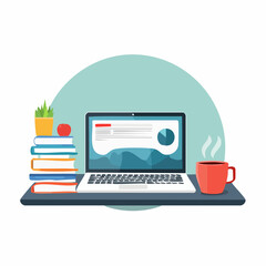 Vector illustration of modern workspace desk with open laptop, stack of books, and hot coffee cup for office theme
