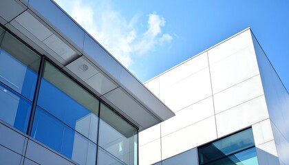 Modern, light gray building with large windows against a clear blue sky