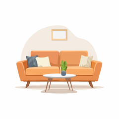 Modern Sofa Vector Graphic with Soft Pillows and Table Displaying Tiny Decorative Plant, Ideal for Home Decor and Lifestyle Illustrations