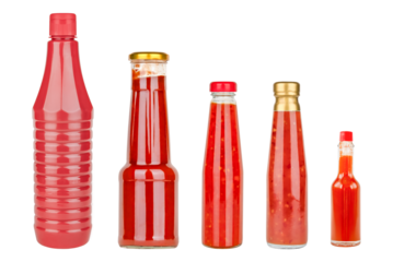 Set of bottles of red sauce, ketchup isolated on white background