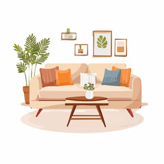 Cozy Living Room Vector Illustration Featuring Sofa with Cushions, Side Potted Plant, and Photo Frame on Wall Background, Perfect for Interior Design Projects