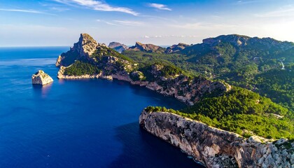 Aerial view showcases a dramatic coastline with towering rock formations jutting into the azure water, lush greenery accents the cliffs