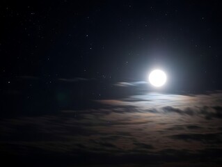 Bright Full Moon Over Clouds and Stars in a Deep Dark Clear Night Sky Photography