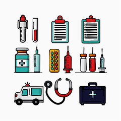Healthcare and emergency vector pack with thermometer, clipboard, pills, syringe, stethoscope, ambulance, and first aid kit illustration