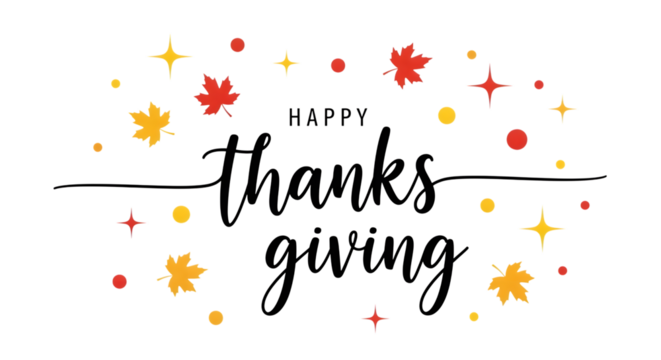 Happy thanksgiving text with autumn leaves and stars, isolated on transparent background