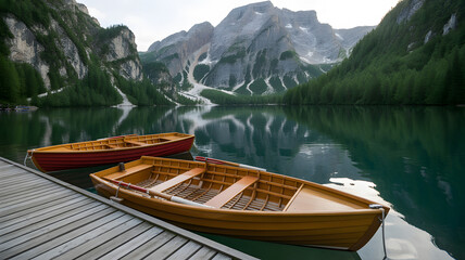 Wooden rowboats rest on a dock by a serene mountain lake