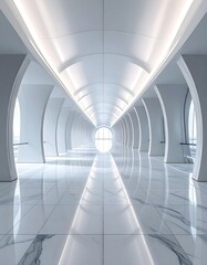 Modern, light-filled hallway with arched ceilings and marble floors