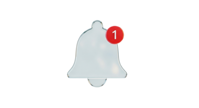 3D Glassmorphism Social Media Notification Bell Icon on White Background
