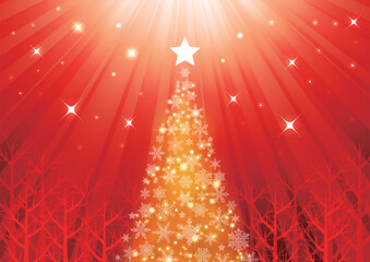 森の中のクリスマスツリー、背景、イラスト、赤、横、かわいい、集中線