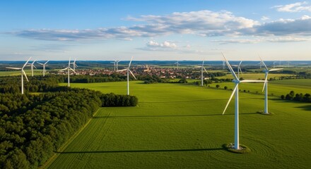 Wind turbines generating renewable power in expansive green fields with a charming distant town under a clear blue sky