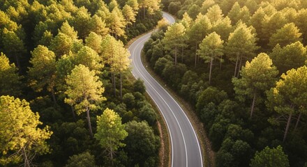 Winding road snaking through a dense pine forest with warm golden light illuminating treetops at sunrise or sunset