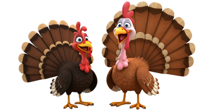 Two cartoon turkeys with fanned tails isolated on transparent background