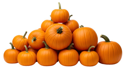 A large pile of bright orange pumpkins of various sizes, isolated on a transparent background, perfect for autumn and halloween themes