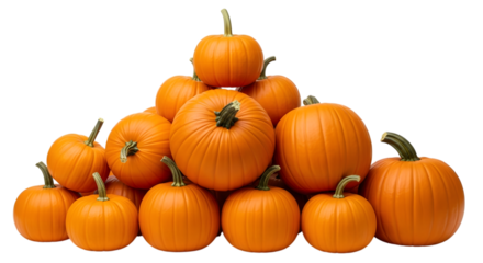 A large pile of bright orange pumpkins of various sizes, isolated on a transparent background, perfect for autumn and halloween themes