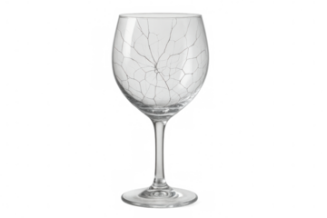 Glass wine goblet with crack patterns representing fragility, damage, and vulnerability, transparent background