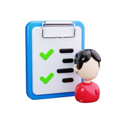 Isolated 3D illustration of a man checking off items on a to-do list, a visual metaphor for efficient planning, goal setting, and successful results