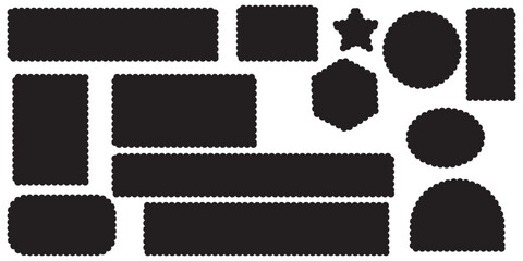 Scallop edged frame template. Bentoblack grid shapes. Geometry modular moodboard borders with perforation. Label textboxes Lace frill pack. Trendy blocks blank layout. Vector flat illustration