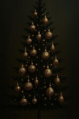 Decorated christmas tree with ornaments and lights in dark room