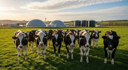 Herd of black and white cows standing in a green field with a biogas plant in the background on a bright sunny day