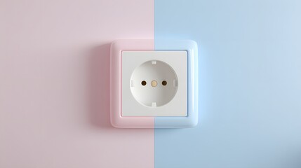 Electrical outlet with contrasting pink and blue backgrounds symbolizes duality.
