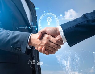 Two businesspeople shake hands, representing agreement and collaboration against a blue sky with technology overlays