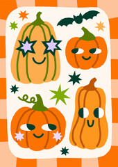 Cutout playful Halloween vector illustration. Cute retro groovy fall poster design with pumpkin characters in whimsical frame