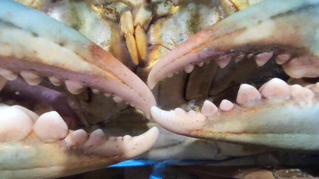 Macro close-up of a live crab submerged in a seafood restaurant tank. The image shows detailed textures of the crab&rsquo;s shell and claws under the water surface, illuminated by aquarium lighting