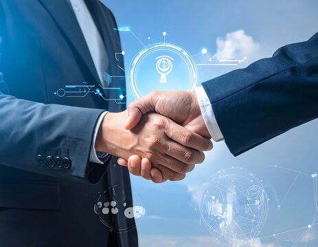 Two businesspeople shake hands, representing agreement and collaboration against a blue sky with technology overlays