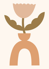 Neutral colors floral vector illustration. Minimalist poster design with flower in boho vase