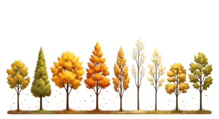 A collection of diverse deciduous trees in autumn colors, isolated on transparent background