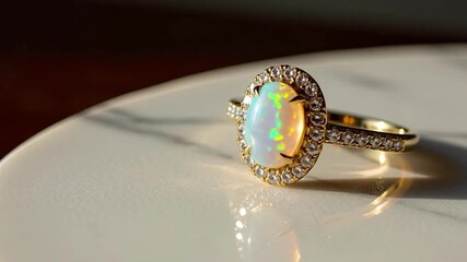 Gold ring featuring oval centerpiece gemstone surrounded by smaller faceted stones - Powered by Adobe