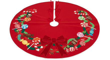 Red Christmas Tree Skirt with Candy Wreath and Bow