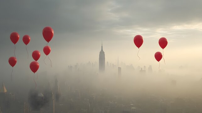 Red balloons float over a foggy cityscape at dawn.