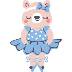 Cute cartoon bear ballerina wearing a blue tutu and ballet slippers with eyes closed and a bow in her hair